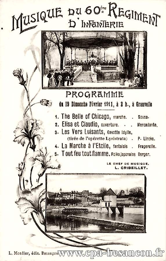 MUSIQUE DU 60ème RÉGIMENT D'INFANTERIE - Programme du 19 Dimanche Février 1911, à 2 h., à Granvelle